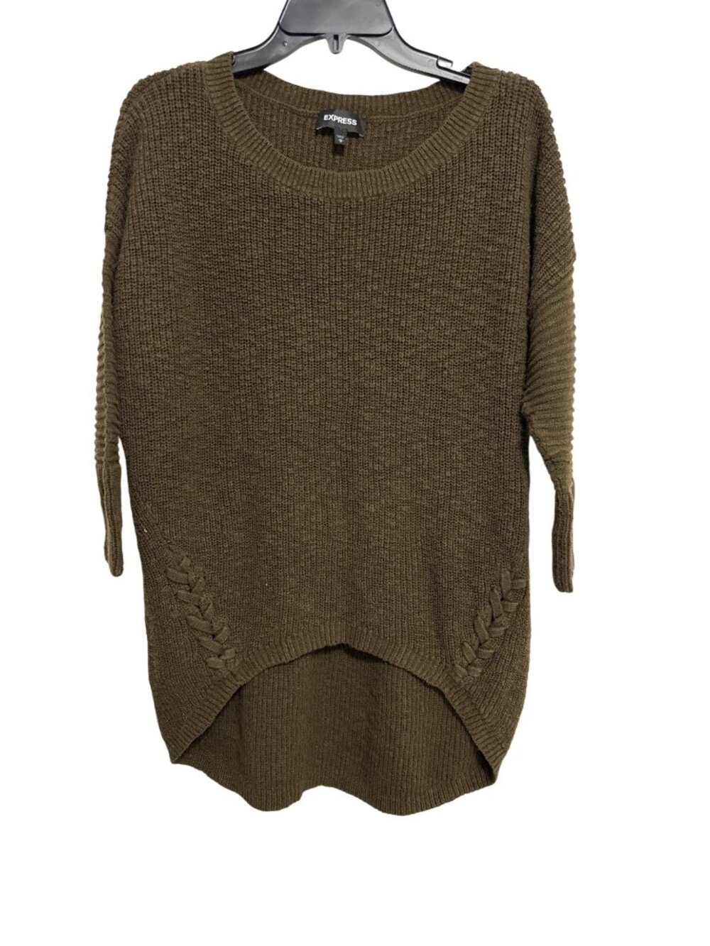 Express Womens Olive Green High-Low Knit Sweater M Cotton Ribbed 3/4 Sleeves Cas